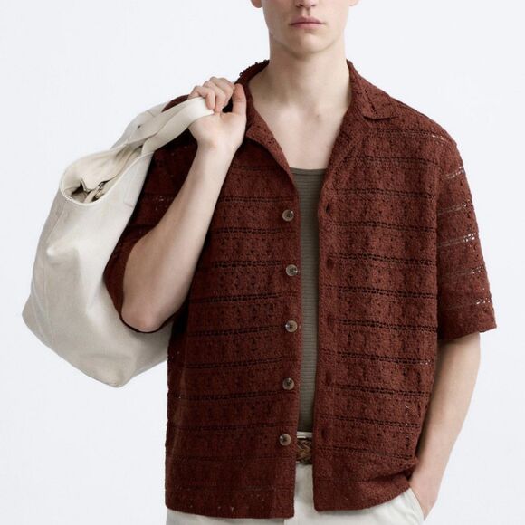 Zara Crochet Button Up Shirt Mens XL Rust Brown Vacation Travel Resort Wear - Picture 5 of 6